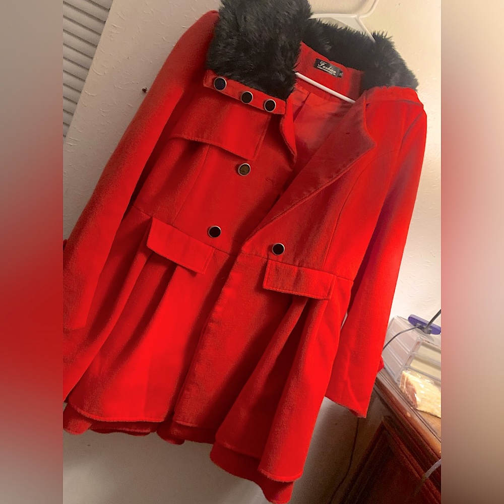 Girl’s Faux Fur Red Wool Dressy Cover Coat